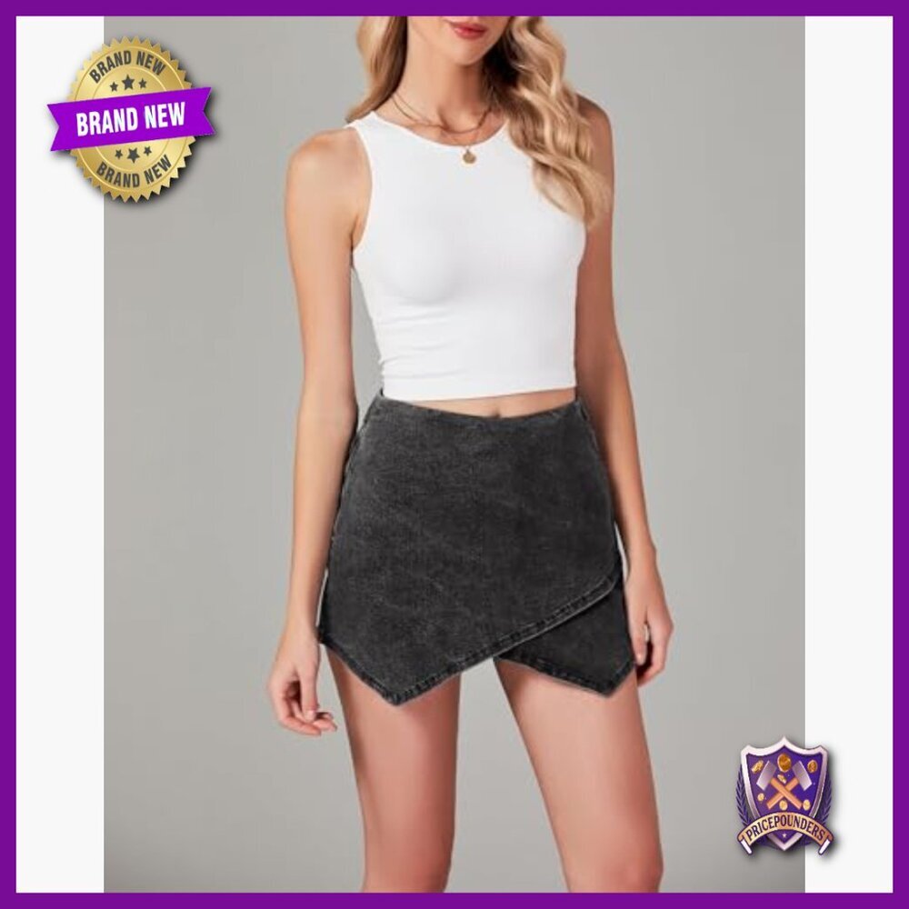 High Waisted Denim Skort Pull On Stretchy Wrap Asymmetrical Skirt Shorts - Picture 4 of 7